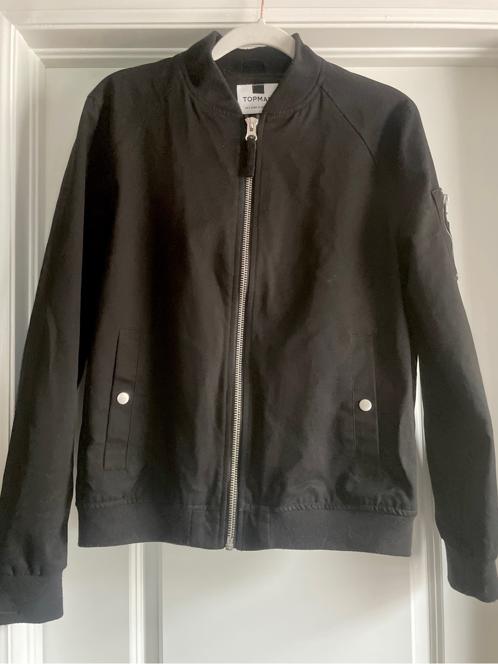 Topman Black Cotton Bomber Jacket Full Zip Snap Pocket Classic Men’s Size Small